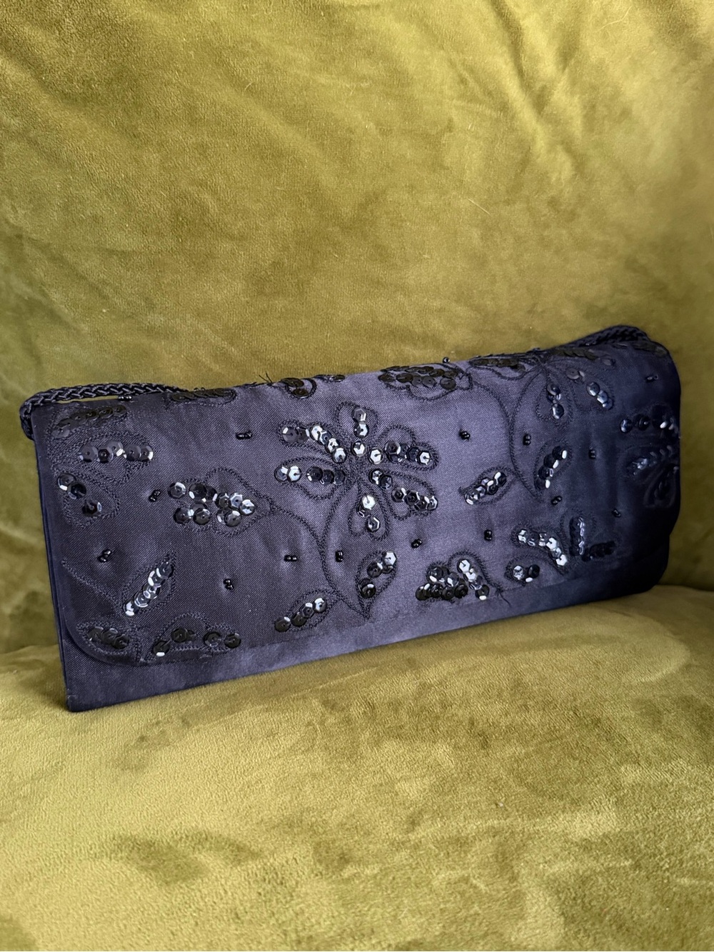 Y2K Vintage Black Satin Embellished Sequin Evening Clutch Crossbody Purse